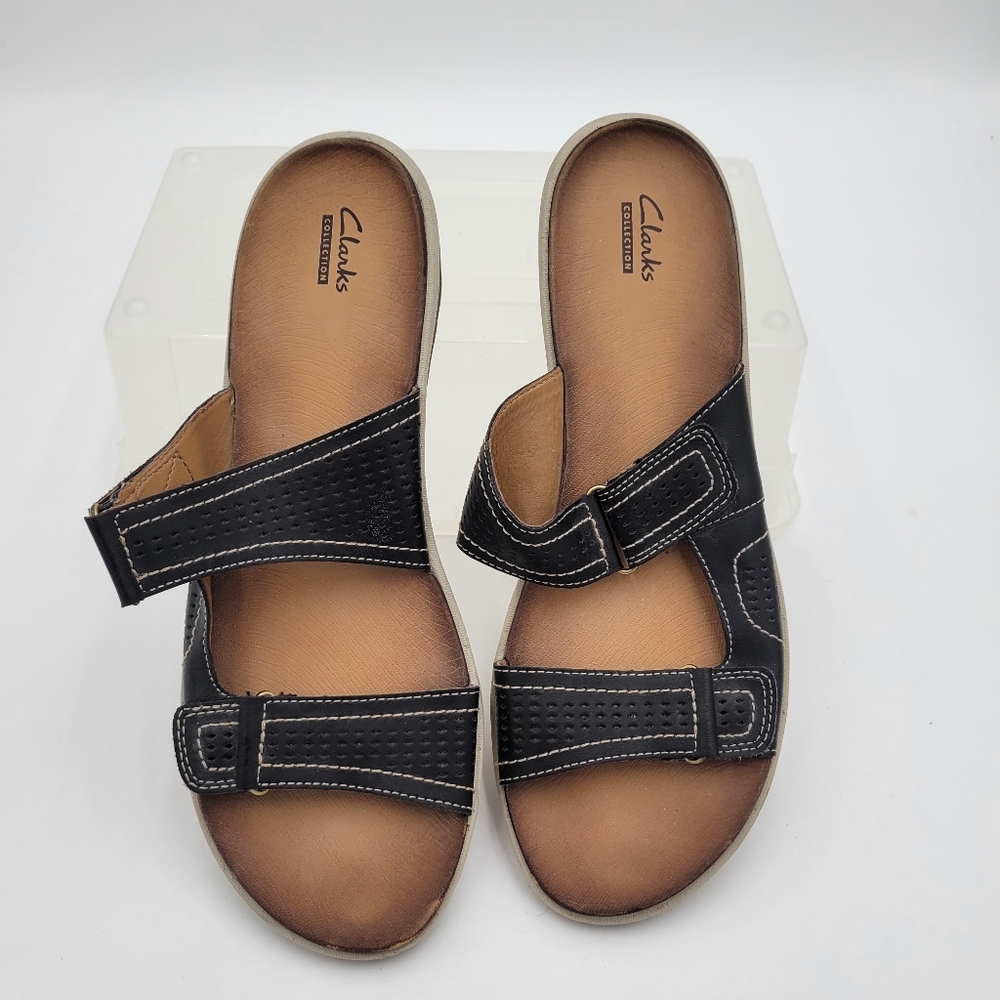 Clarks Collections Black Strappy Sandals Hook & Loop Size 12